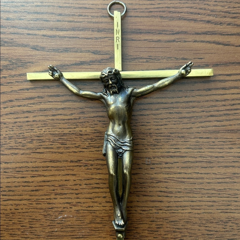Vintage crucifix brass and bronze metal religious Jesus Christ wall hanging